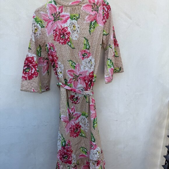 NWT Farm Rio Linen Midi Dress Woven Beige Floral Neck Tie Jute Accent Ruffles - Picture 8 of 9